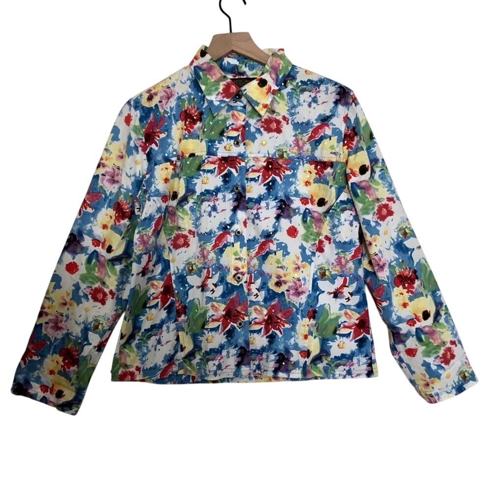 Vintage 90's Shaver Lake Multicolor Floral Bedazzled Sequins Button Up Shirt Top